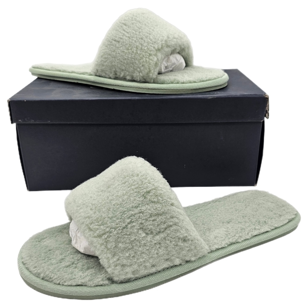 Splendid Womens Carmen Sherling Slipper Faux Fur Open Toe Slip On Slide Mint 11